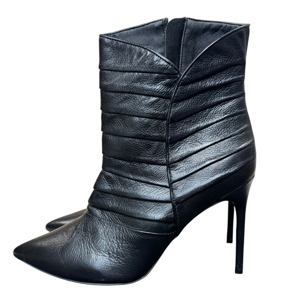 Catherine Malandrino Black Leather Pointed Toe Ruched Stiletto Heel Ankle Boot 9